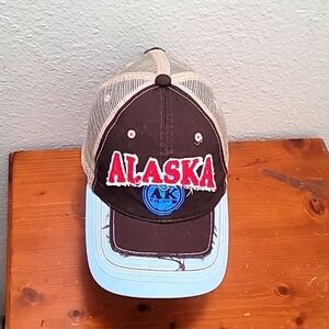 ALASKA RUGGED WEAR BROWN AND BLUE BASEBALL CAP DISTRESSED HAT
